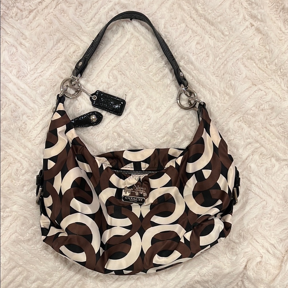 Coach Black and Brown Satin Signature Hobo Bag